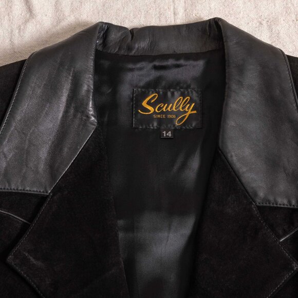Vintage 90s Scully Women’s Western Black Leather Suede Coat Concho Buttons Long - Picture 3 of 9